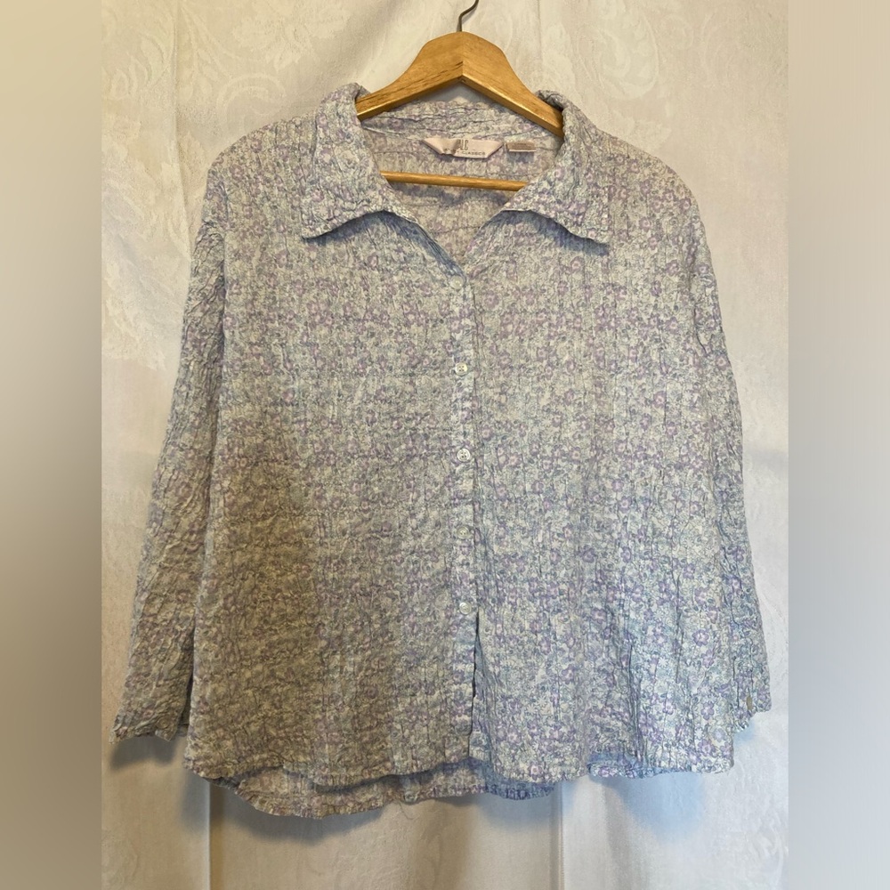 At Last Classics Size Large Cotton Floral Crinkle Fabric 3/4 Sleeve Blouse